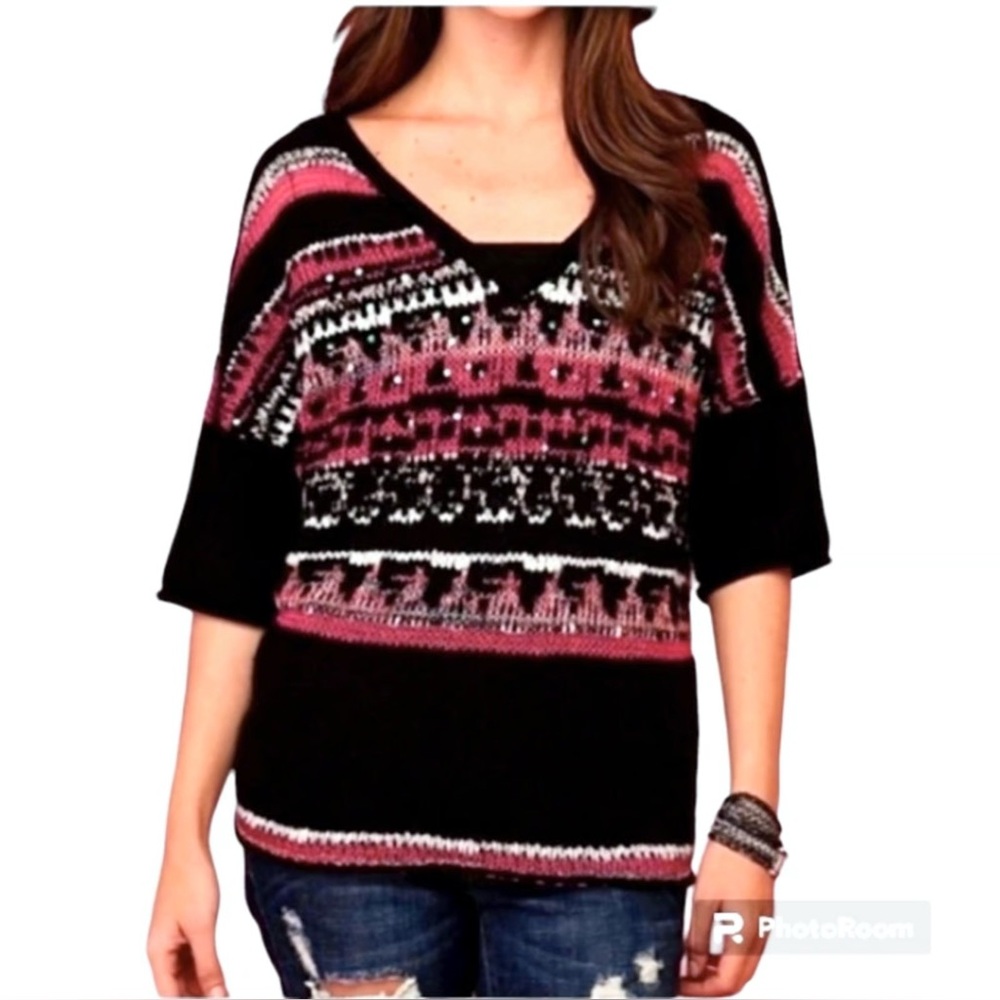 Free People Voluminous Sequins Black/Pink Short Sleeve Knit Sweater Size Medium